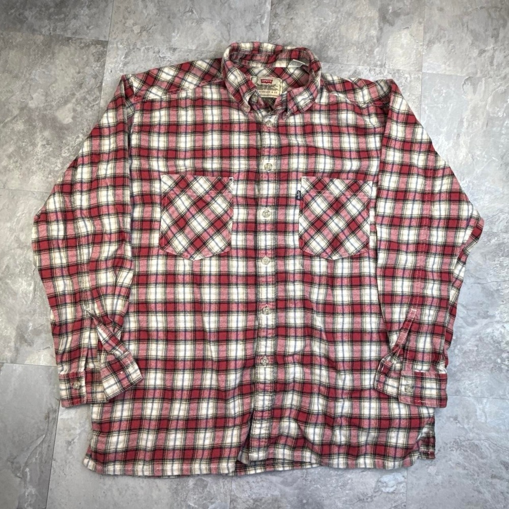 Vintage Red and White Levis Plaid Flannel Button Up Large